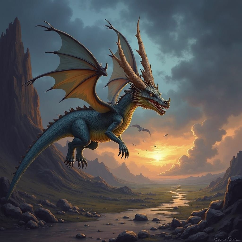 Dragon in Flight: Whimsical Fantasy Landscape