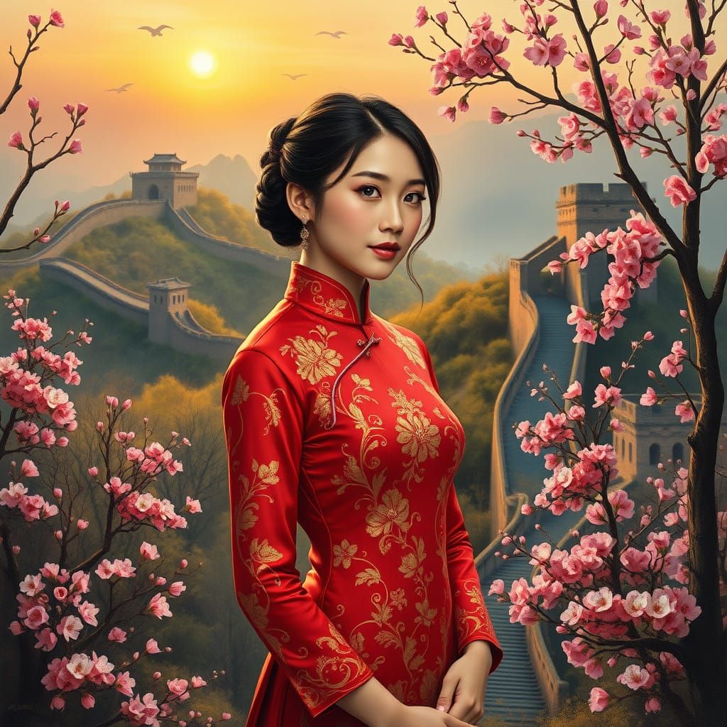 Elegant Lady in Traditional Red Cheongsam Amidst Blossom For...