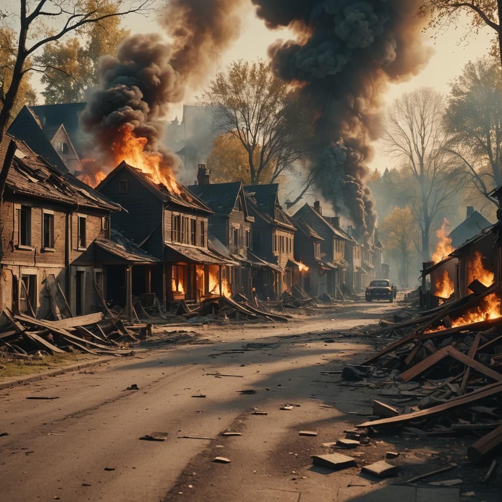 Village in Ruins: Cinematic Film Still