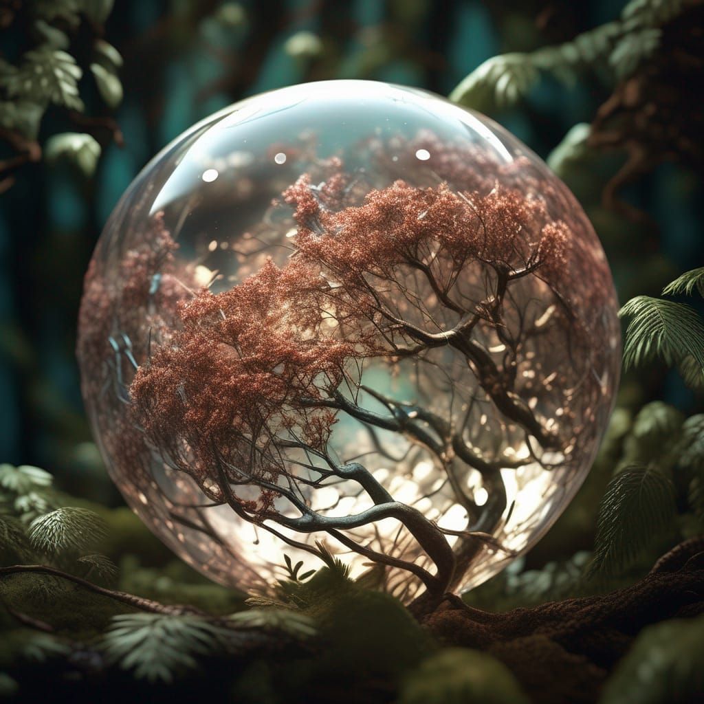Glass Sphere Among Branches in Photorealistic CGI