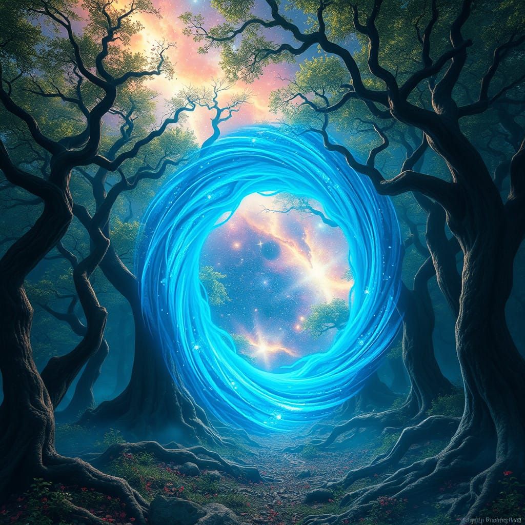 Enchanted Portal in a Cosmic Forest