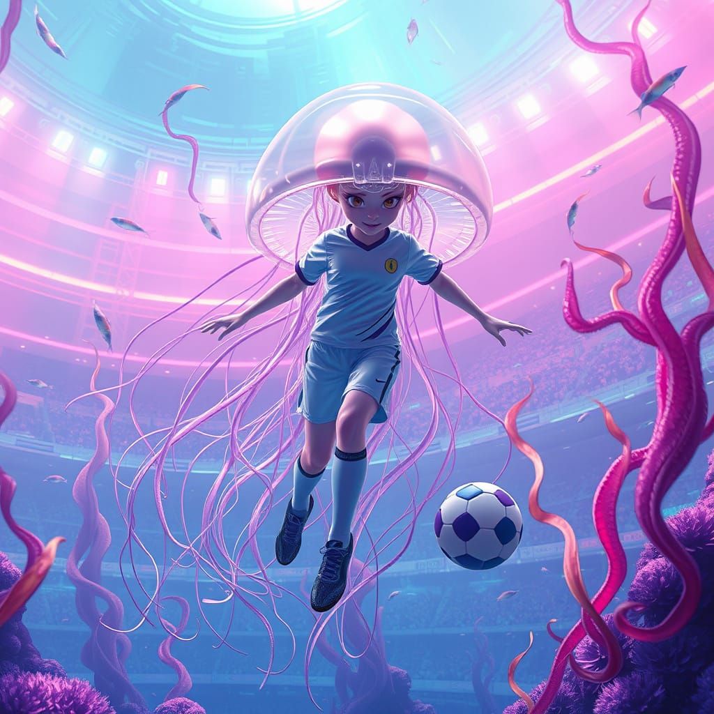 Cyberpunk Soccer Jellyfish in Dreamlike Aquatic Stadium