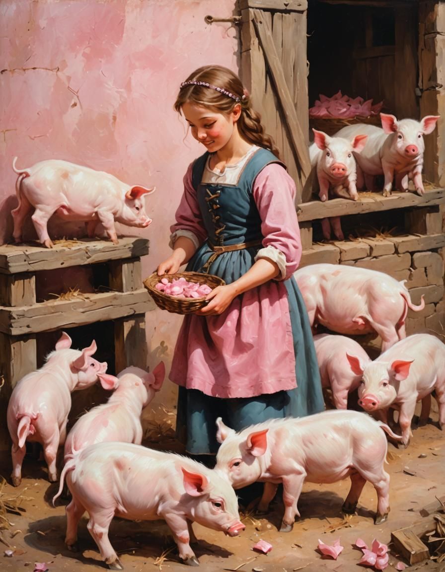 Medieval Girl and Pink Piglets Oil Painting
