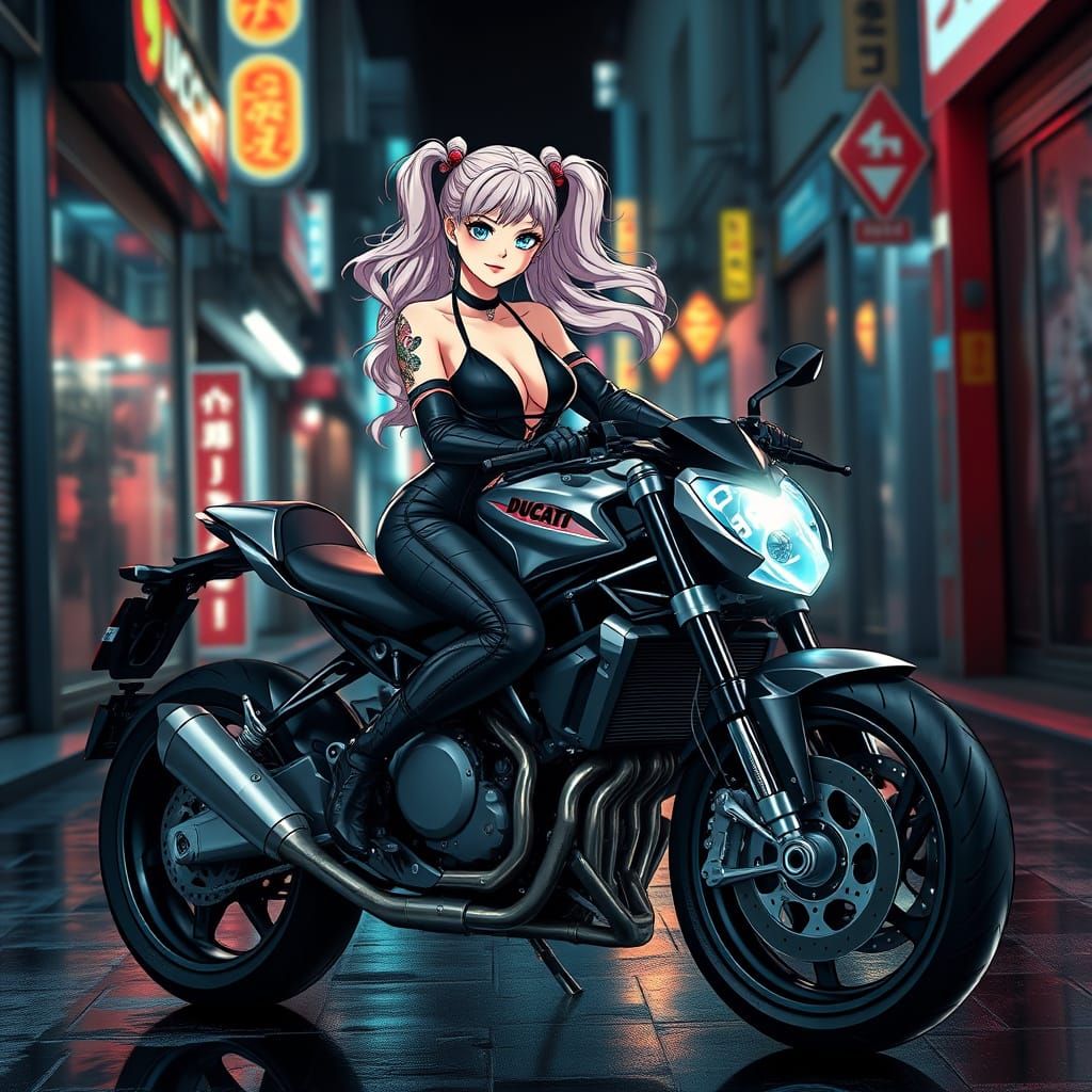 Confident Biker Goddess on Futuristic Ducati