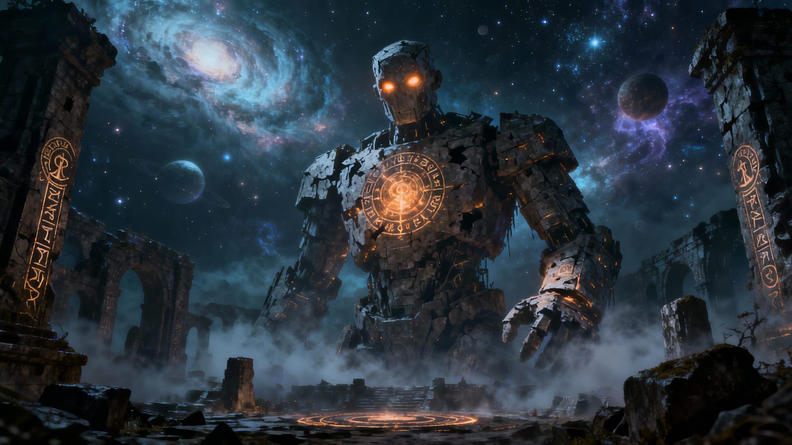 Dark Fantasy Golem Guarding Cosmic Ruins