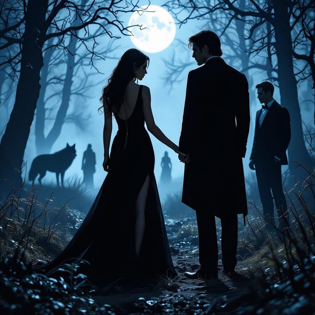Moonlit Forest Gothic Scene with Wolves and Figures