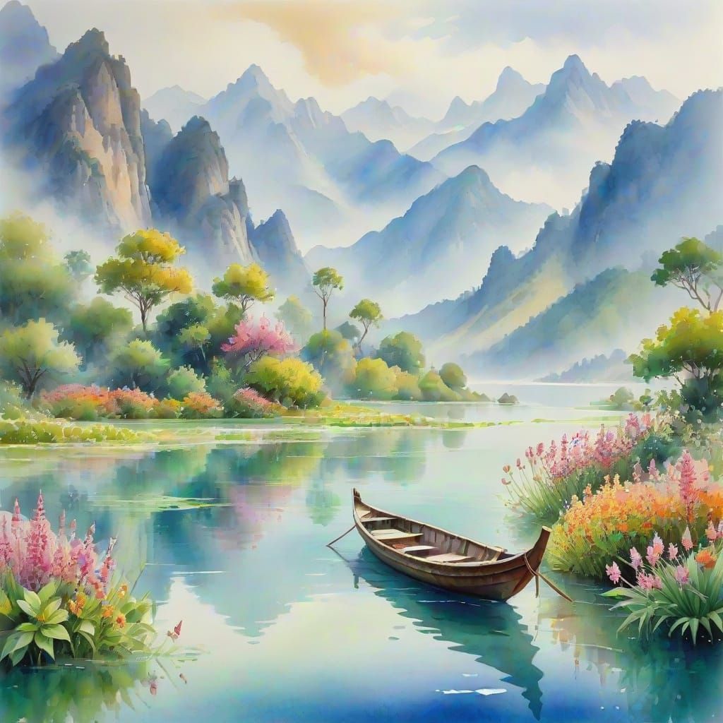 Lush Tropical Oasis in Soft Watercolor