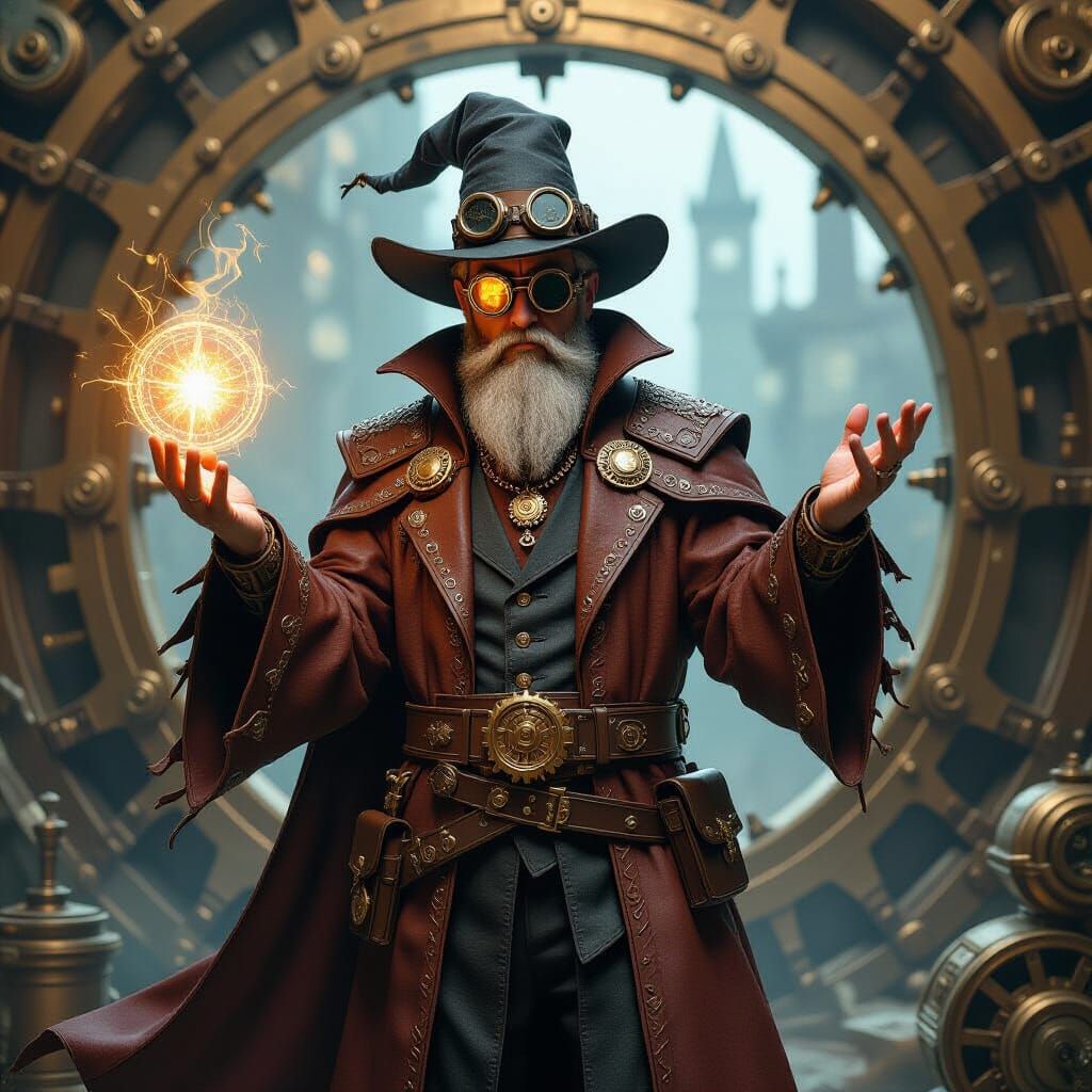 Steampunk Wizard Casting Spell with Clockwork Gears