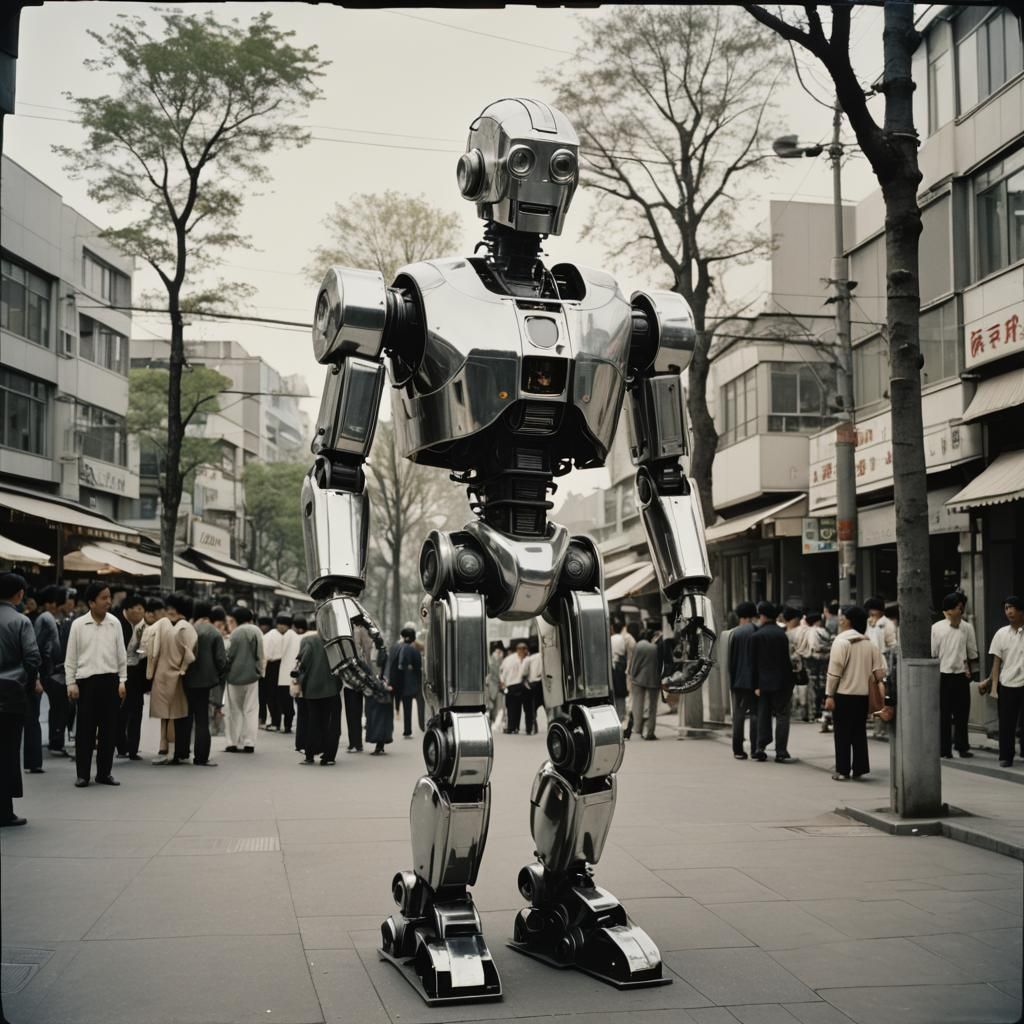 Giant Robot Sculpture in Piazza, Vintage Photography Style