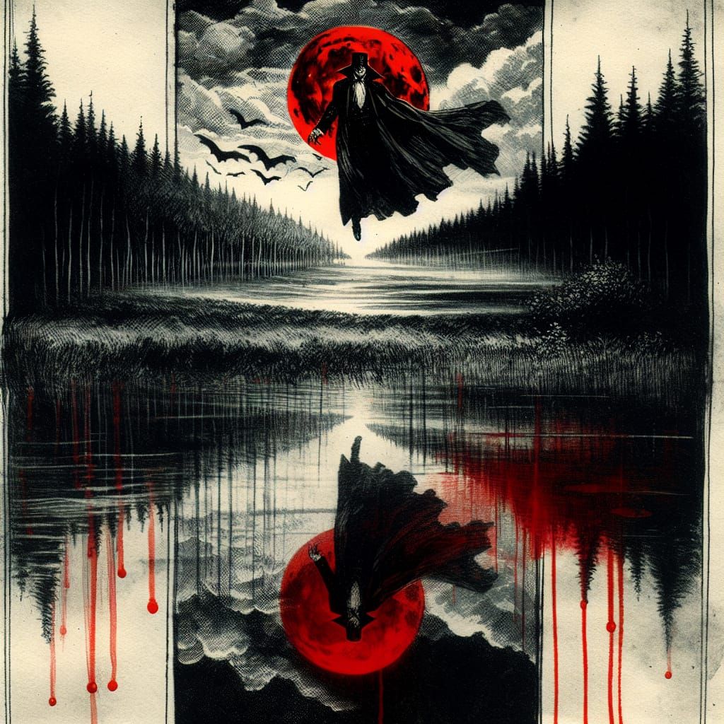 Ethereal Vampire Floats Under Blood Moon, Ink Painting
