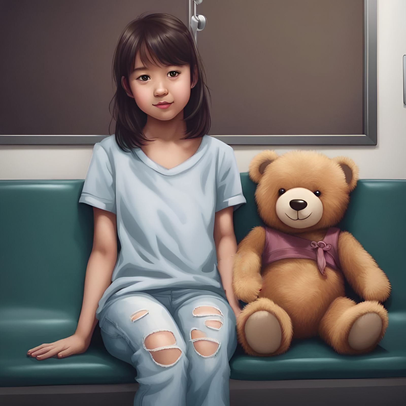 Patient Girl with Teddy Bear in Waiting Room