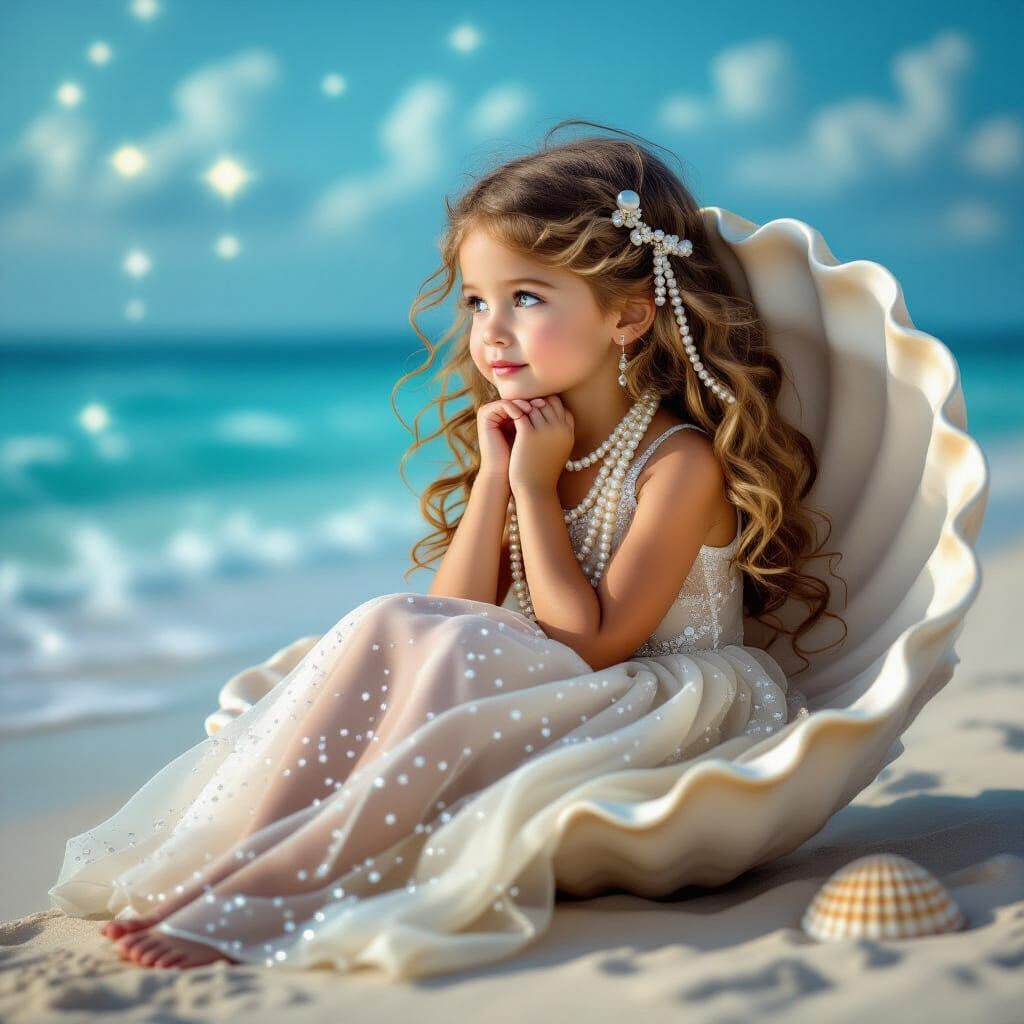 Girl in Seashell by Dreamy Beach at Night