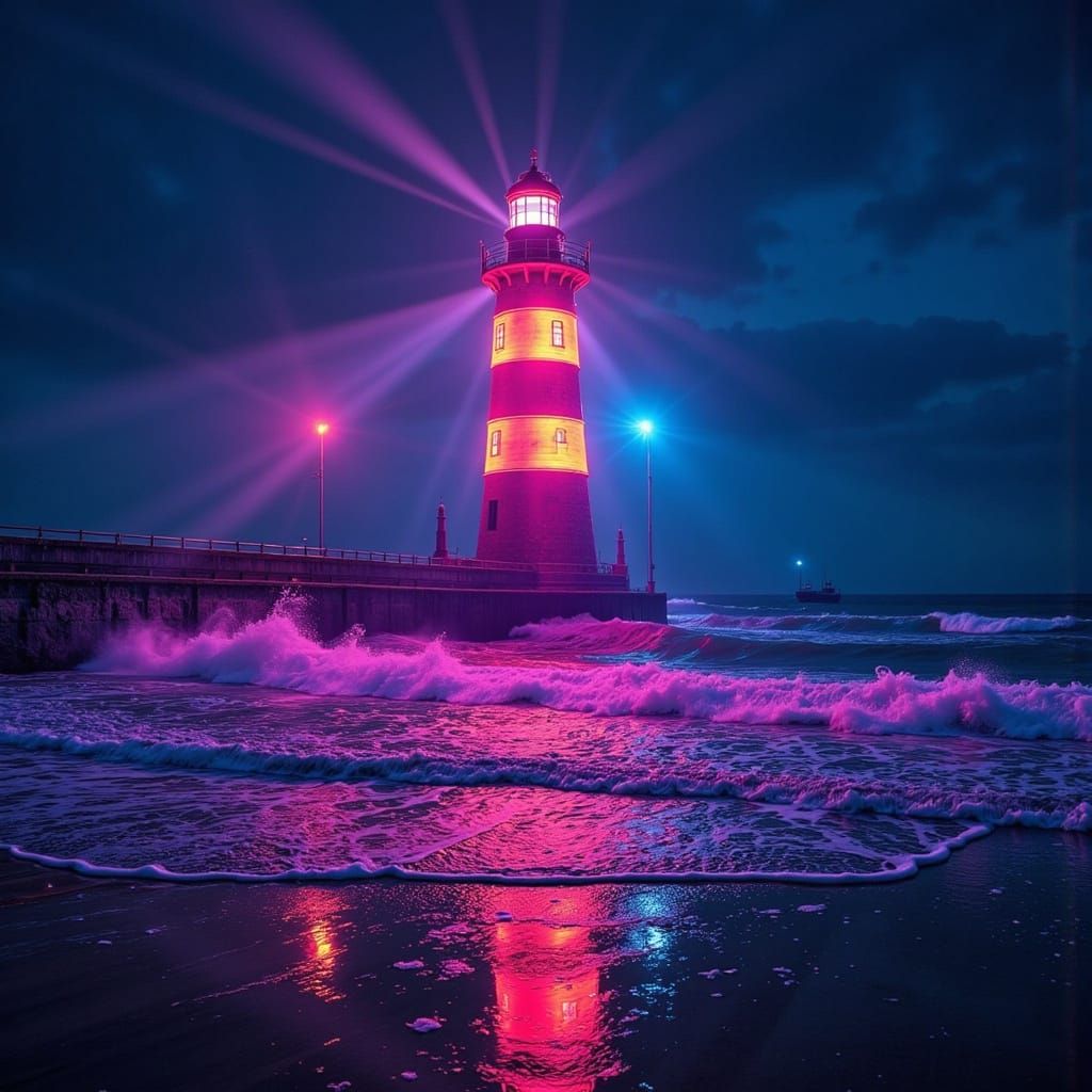 Neon Lighthouse Amidst Cosmic Waves