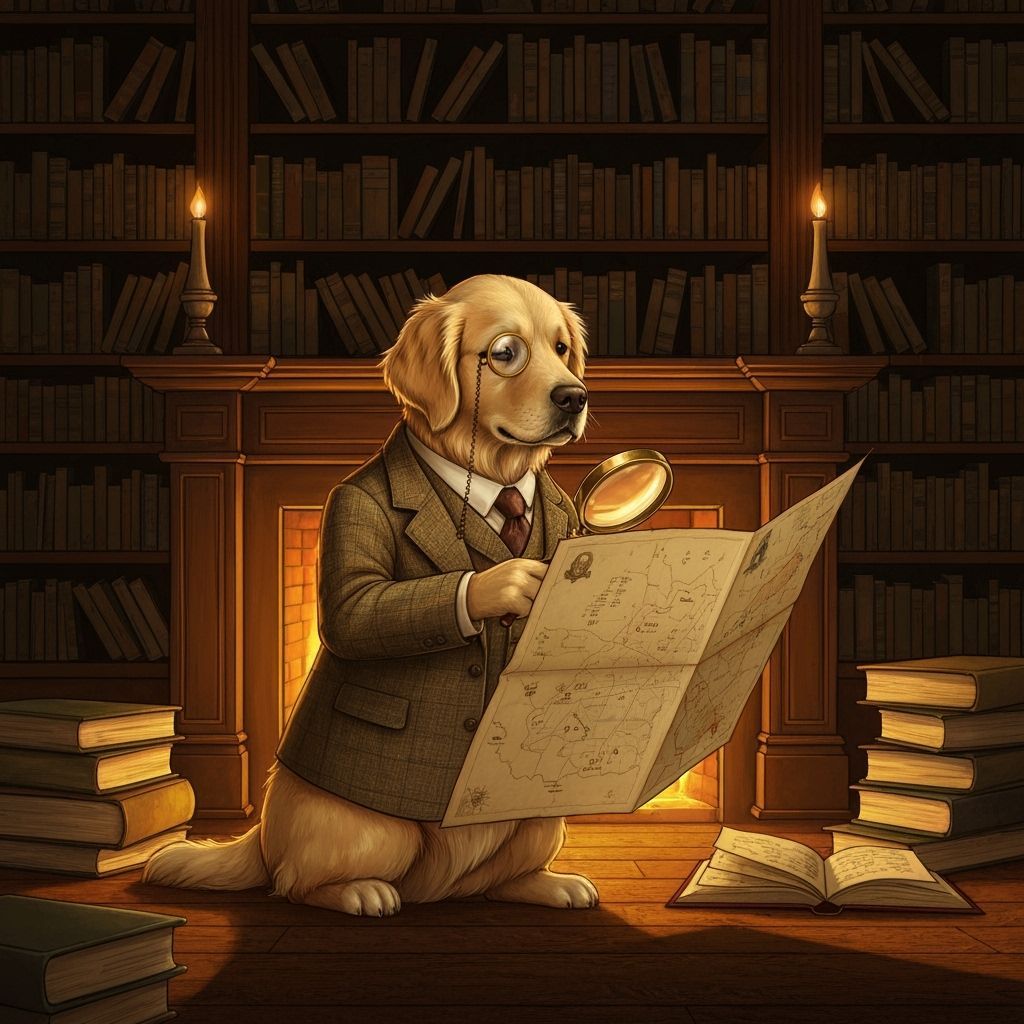 Golden Retriever Detective in Noir Library