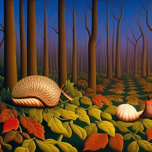 Snails on Autumn Path: A Vivid Rousseau-Ryden Illustration