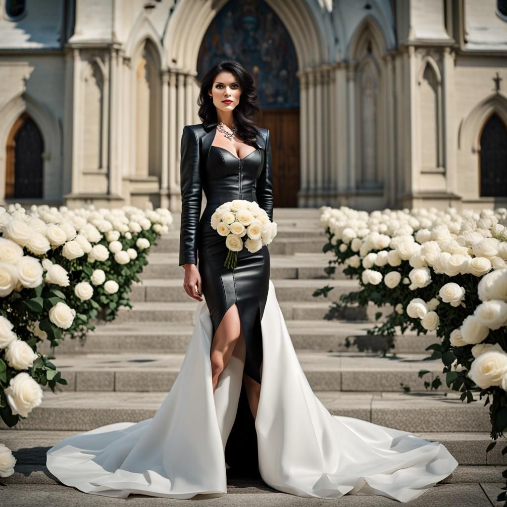 Black haired bride with beautiful bosom in a black leather w...
