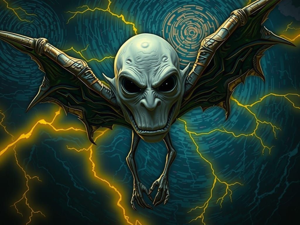 Surreal Gothic Horror Creature Soars Through Stormy Sky in N...