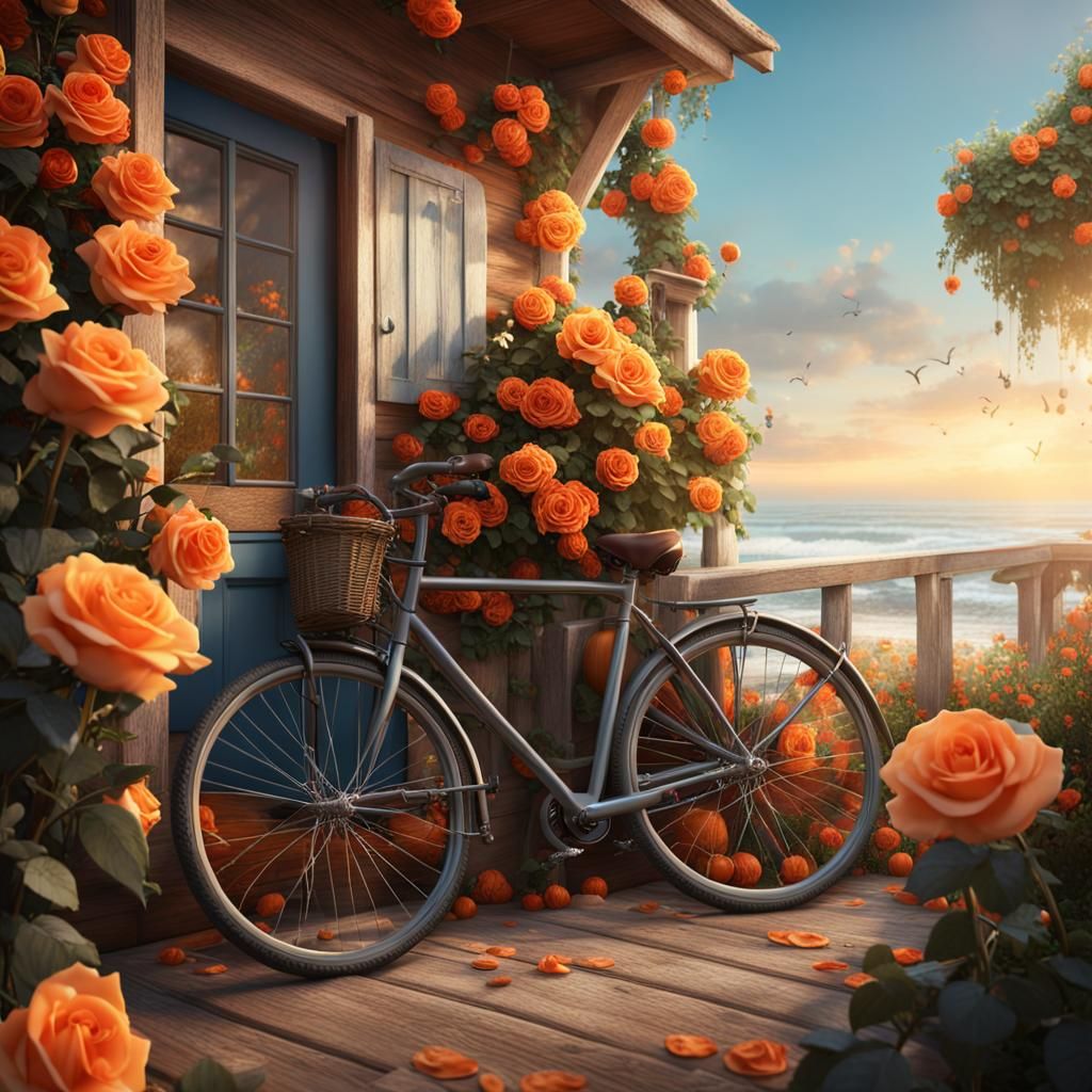 Beach Cottage Bicycle with Orange Roses