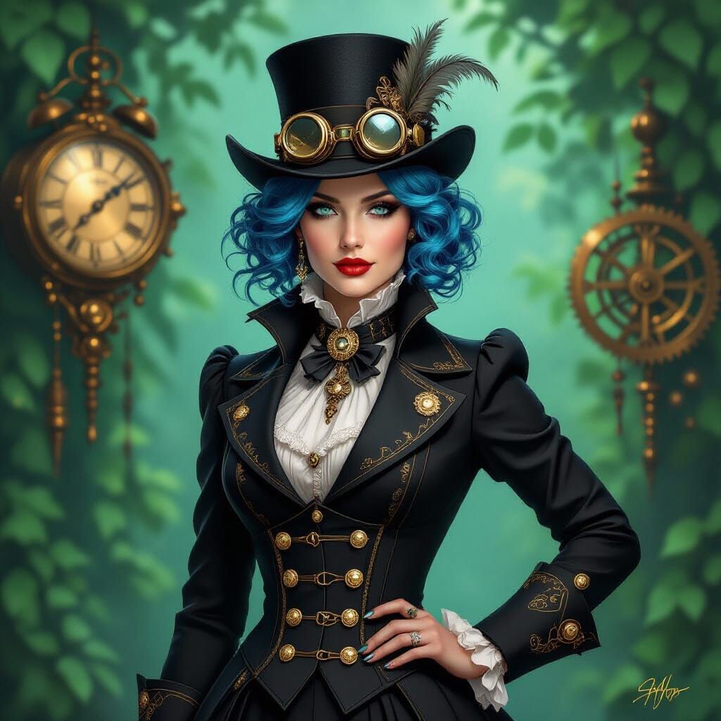 Steampunk Woman with Clockwork in Lush Green Setting