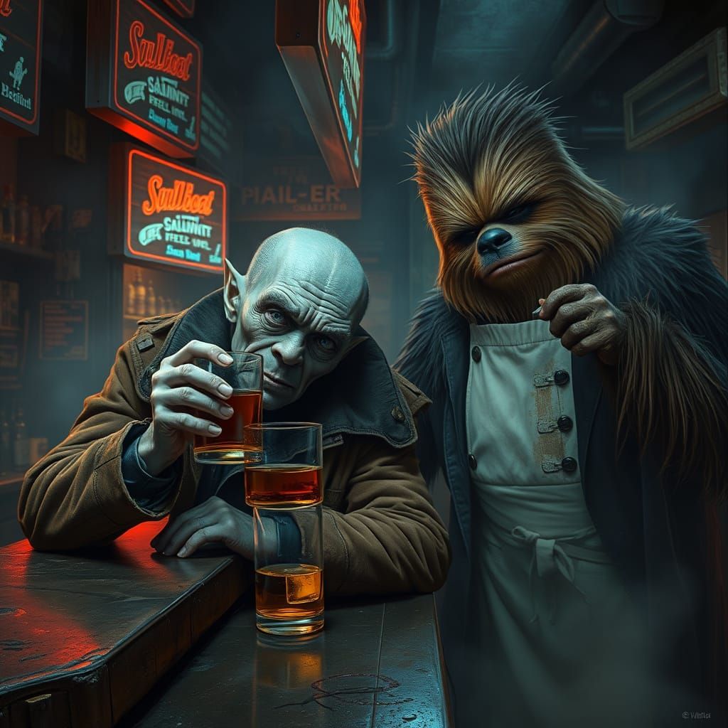 Gritty Alien Bar Scene in a Cyberpunk Aesthetic
