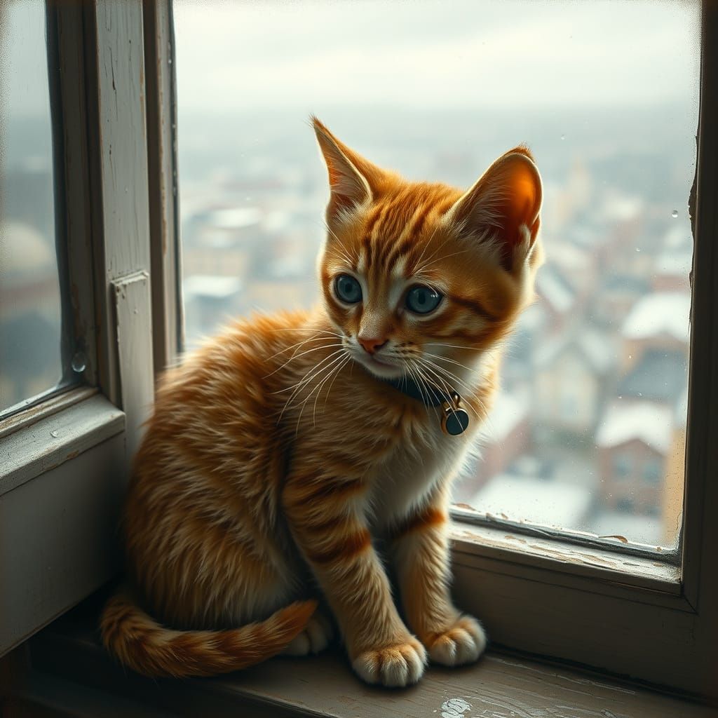 Ginger Kitten Gazing at Rainy City: Photorealistic Impressio...