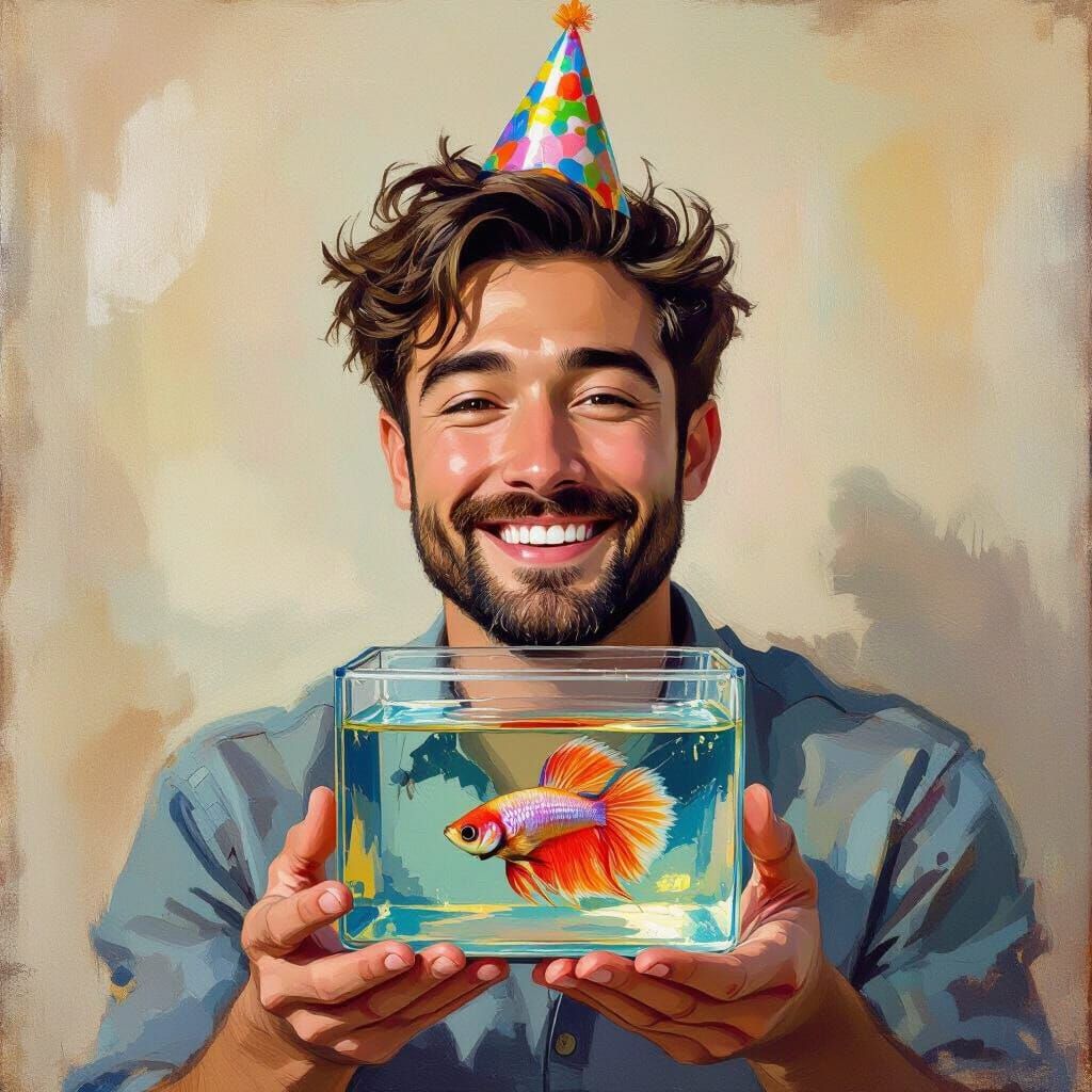 Man Celebrates Birthday Holding Betta Fish Tank