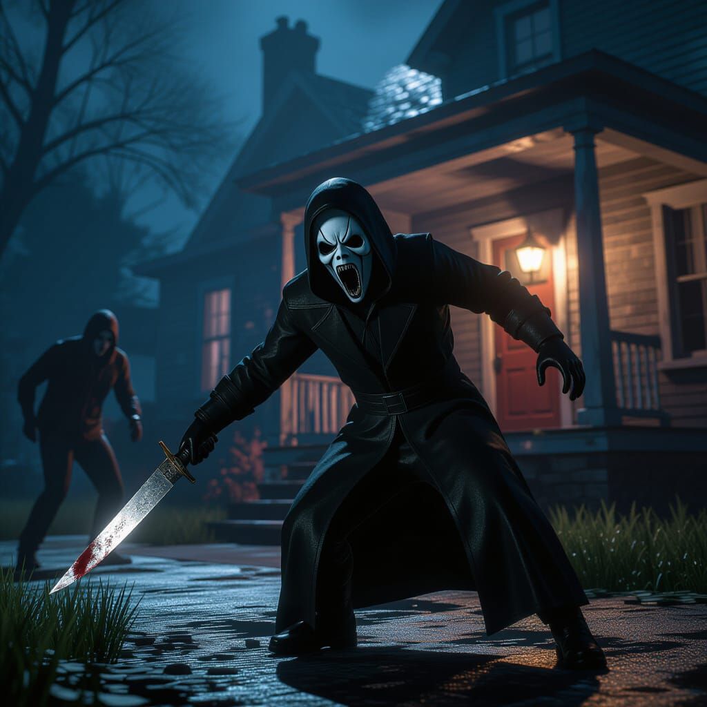 Ghostface Killer Attacks in Dark Suburban Home