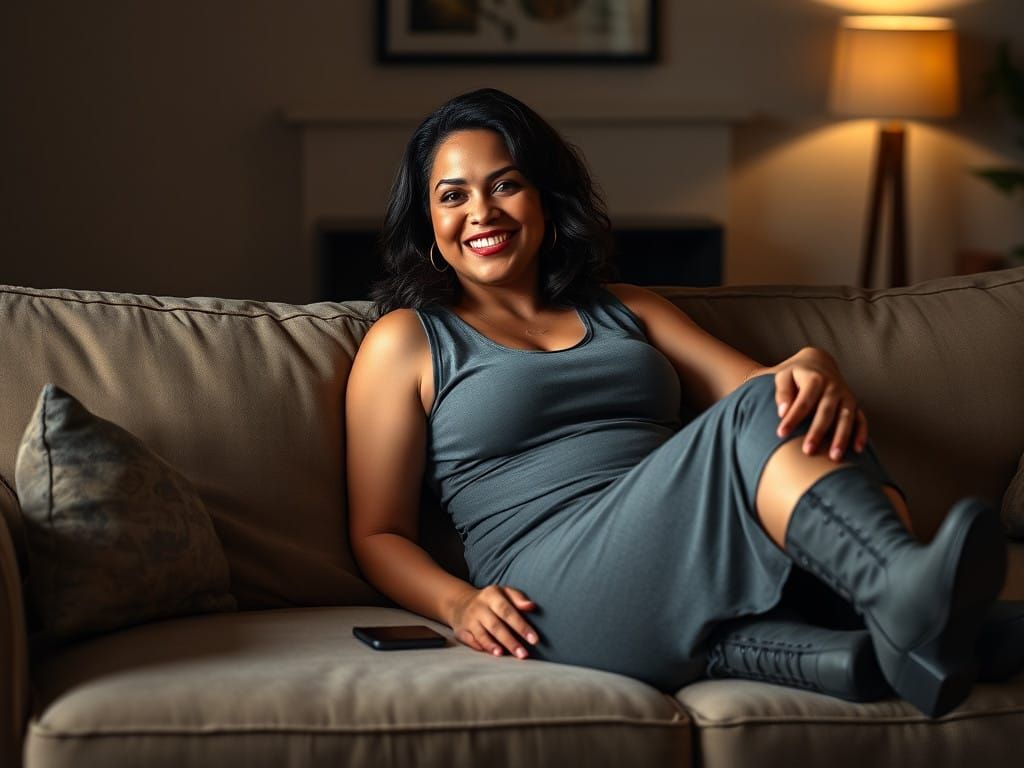 Warm and Inviting Portrait of a Curvy Woman in a Cozy Living...