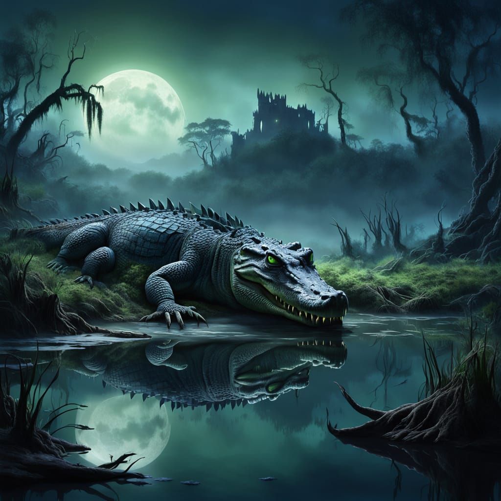 Moonlit Marsh Crocodile Digital Matte Painting