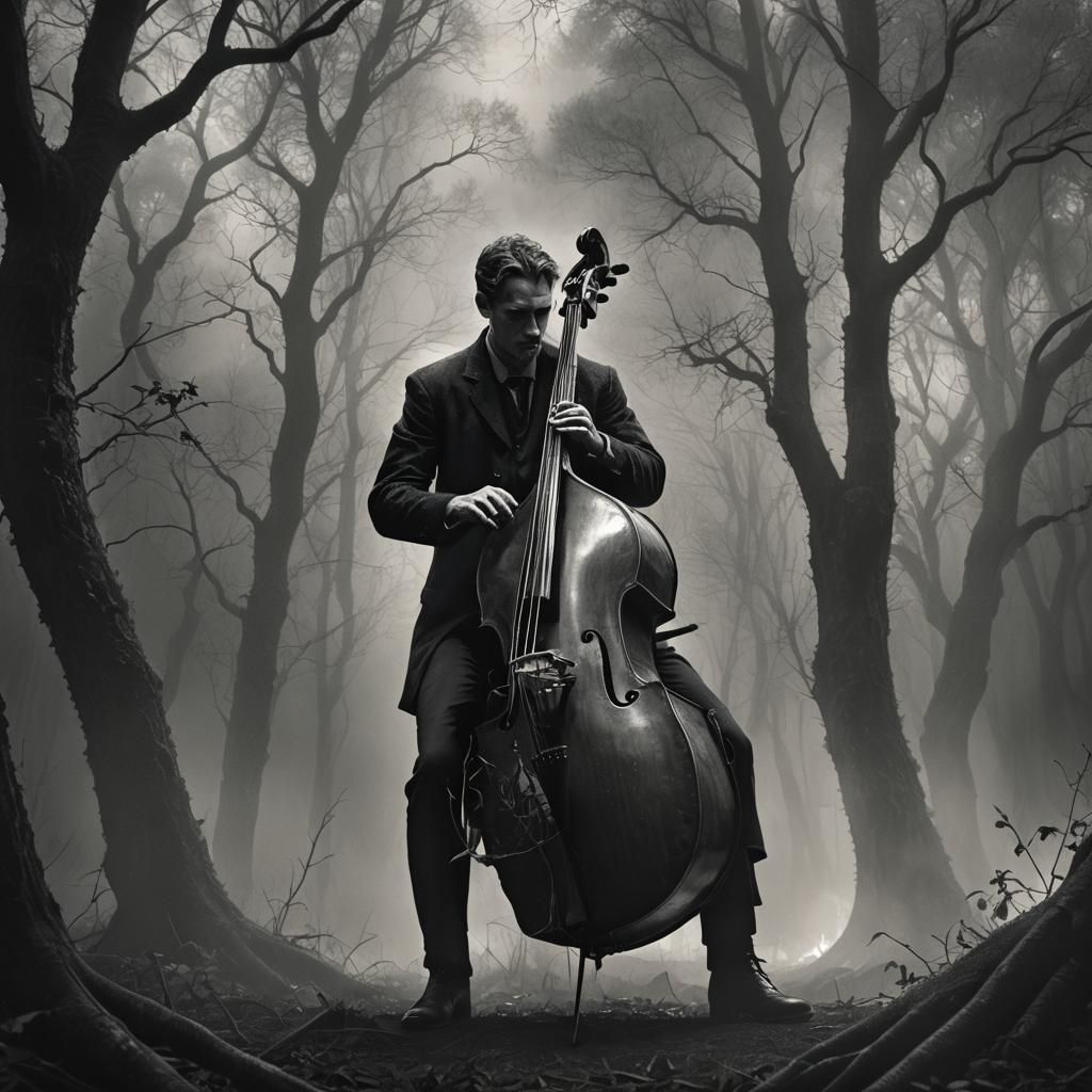 Mystical Forest: Man Playing Double Bass in Dark Fantasy