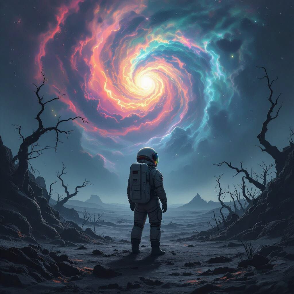 Astronaut Contemplates Nebula on Alien Planet in Cosmic Horr...