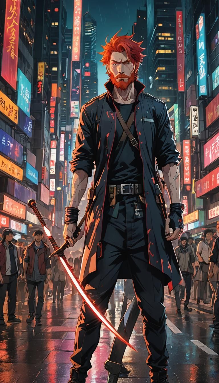 Anime Warrior in Cityscape with Pop Art Flair