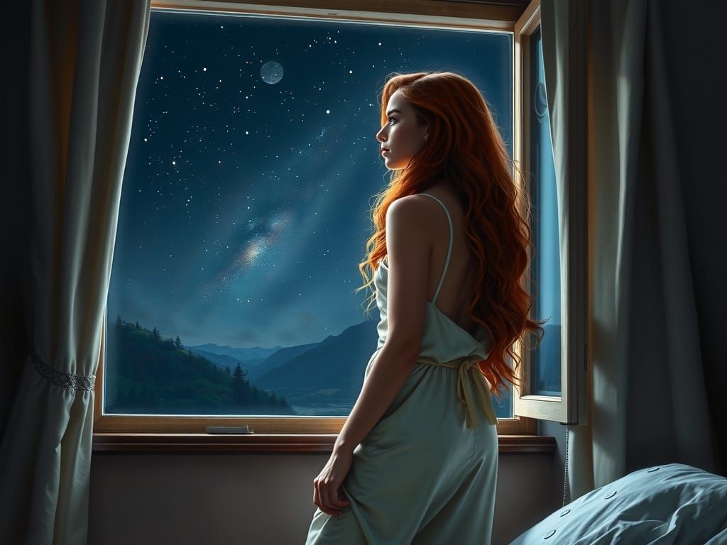 Woman Gazing at Starry Night in Gurney Style