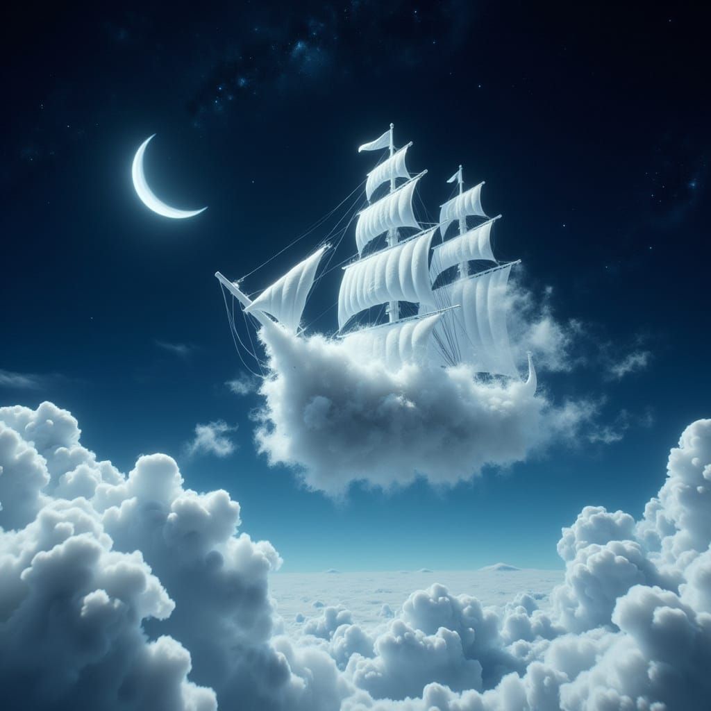 Surreal Cloud Ship Sails through Starry Night Sky