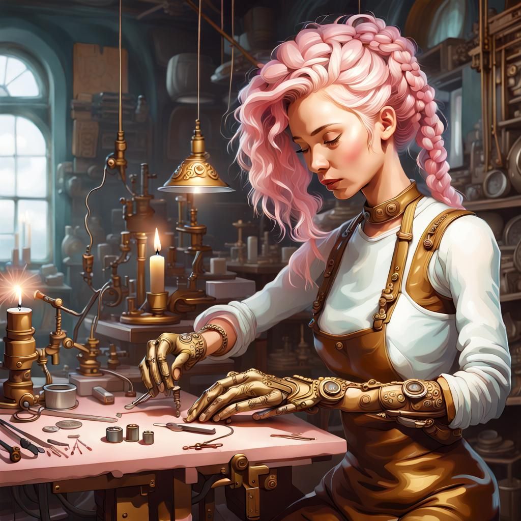 Futuristic Artificer Woman in Atelier, Detailed Illustration