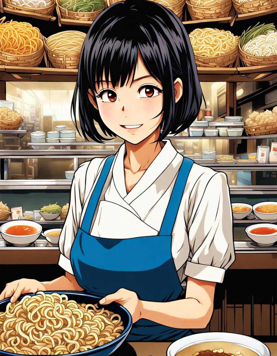 Anime Waitress Serving Ramen in Busy Restaurant