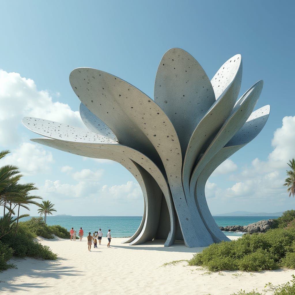 Futuristic Organic Sculpture Canopy on Sea Sand