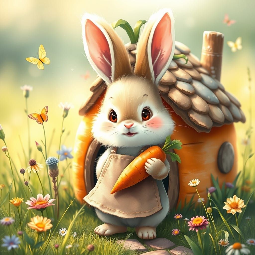 Charming Whimsical Bunny Cottage Scene