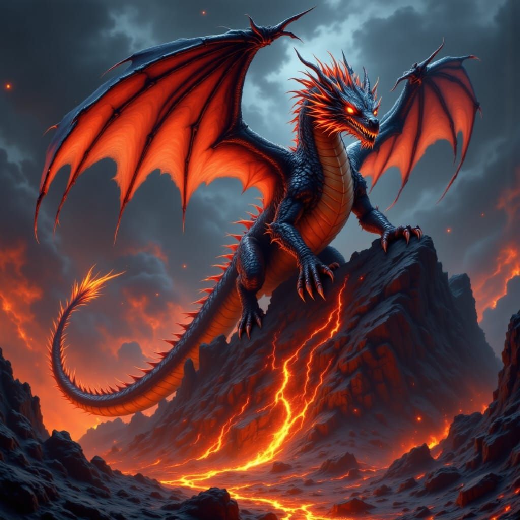 Majestic Western Dragon Amidst Volcanic Ruins in Realistic D...