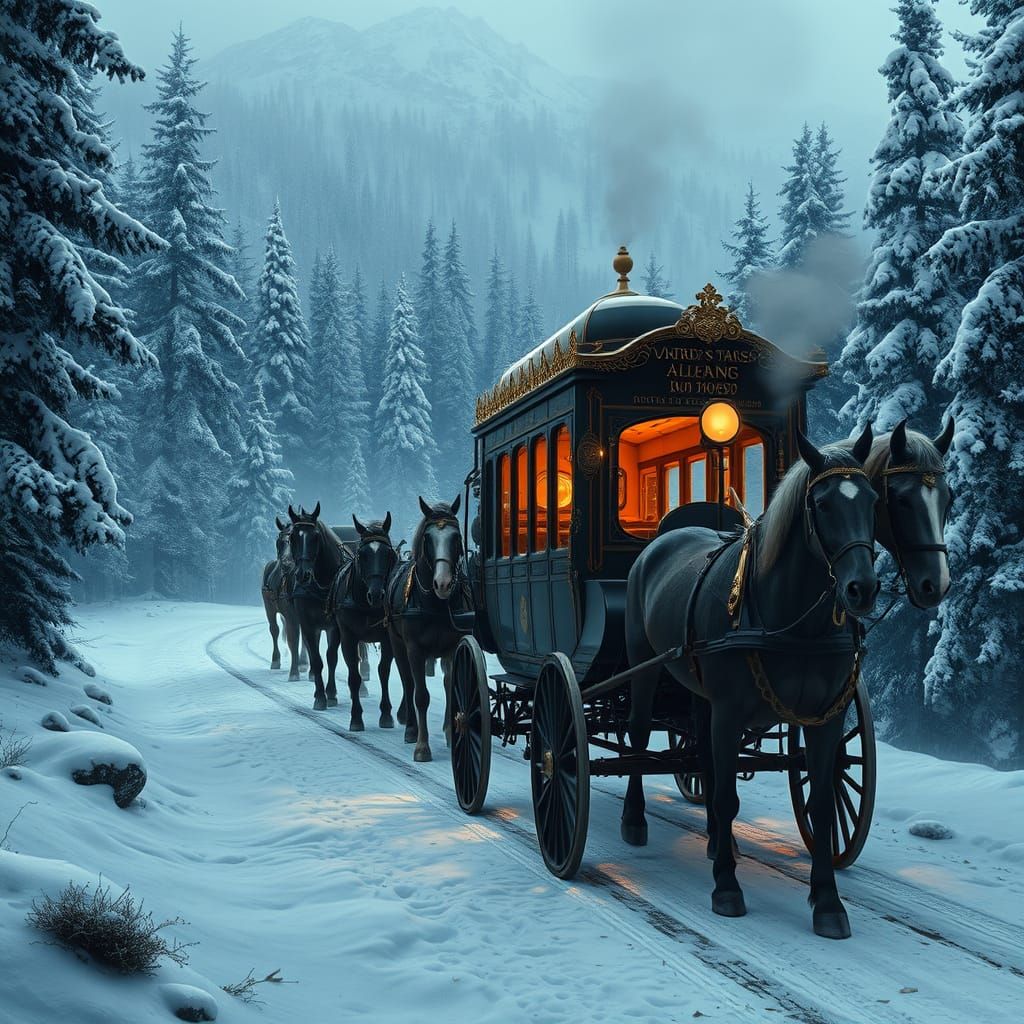 19th-Century Steam Carriage in Snowy Mountain Pass