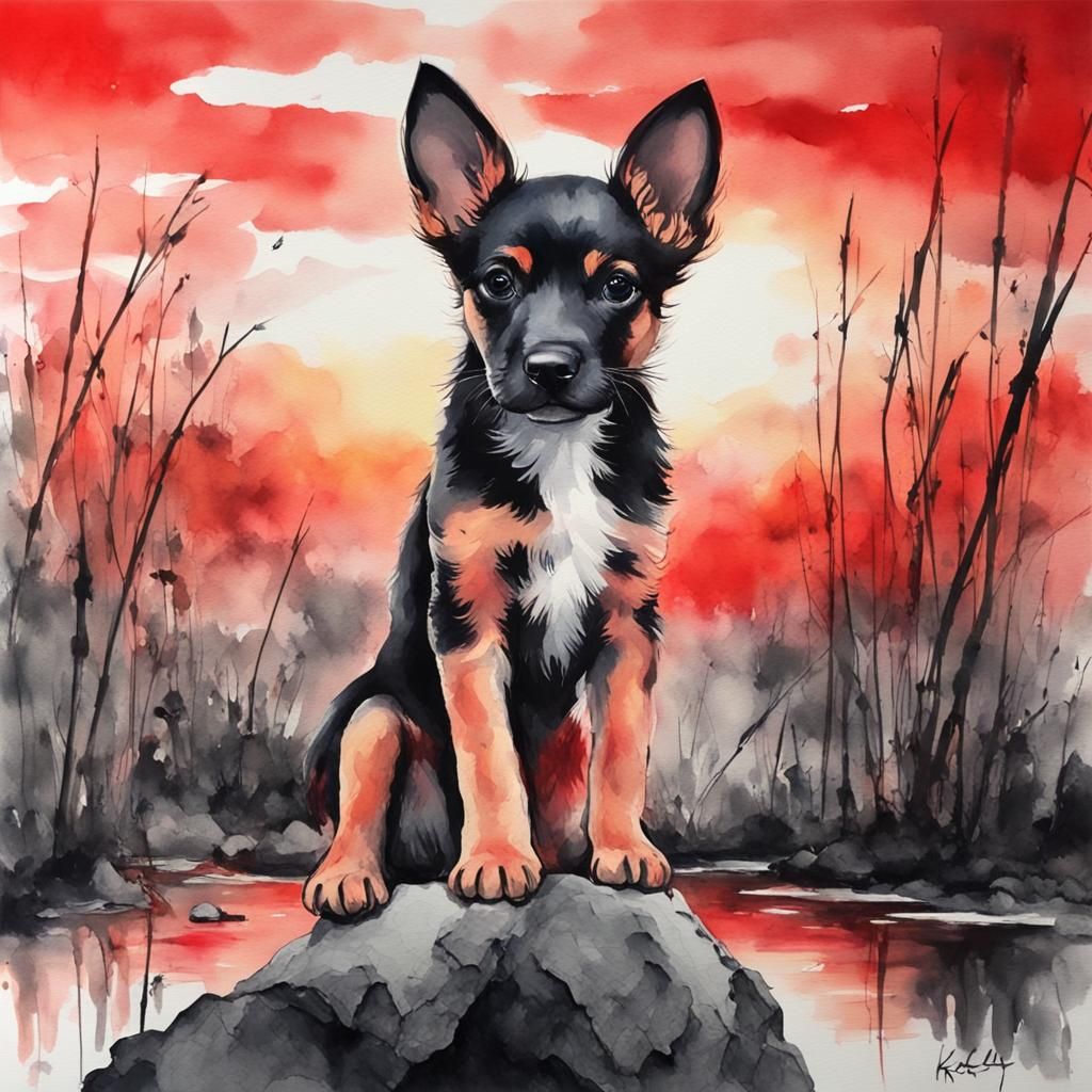 Puppy in Swamp: Watercolor and Ink Painting