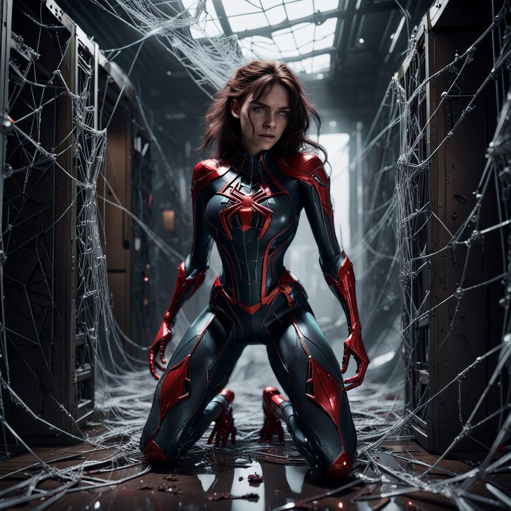 Spiderwoman Tangled in Cobwebs: Sci-Fi Cinematic Render
