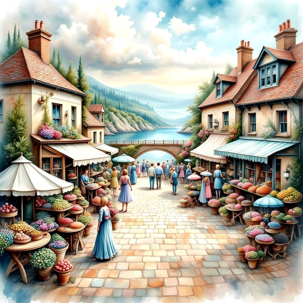 Coastal Market Town in Antique Watercolor Style
