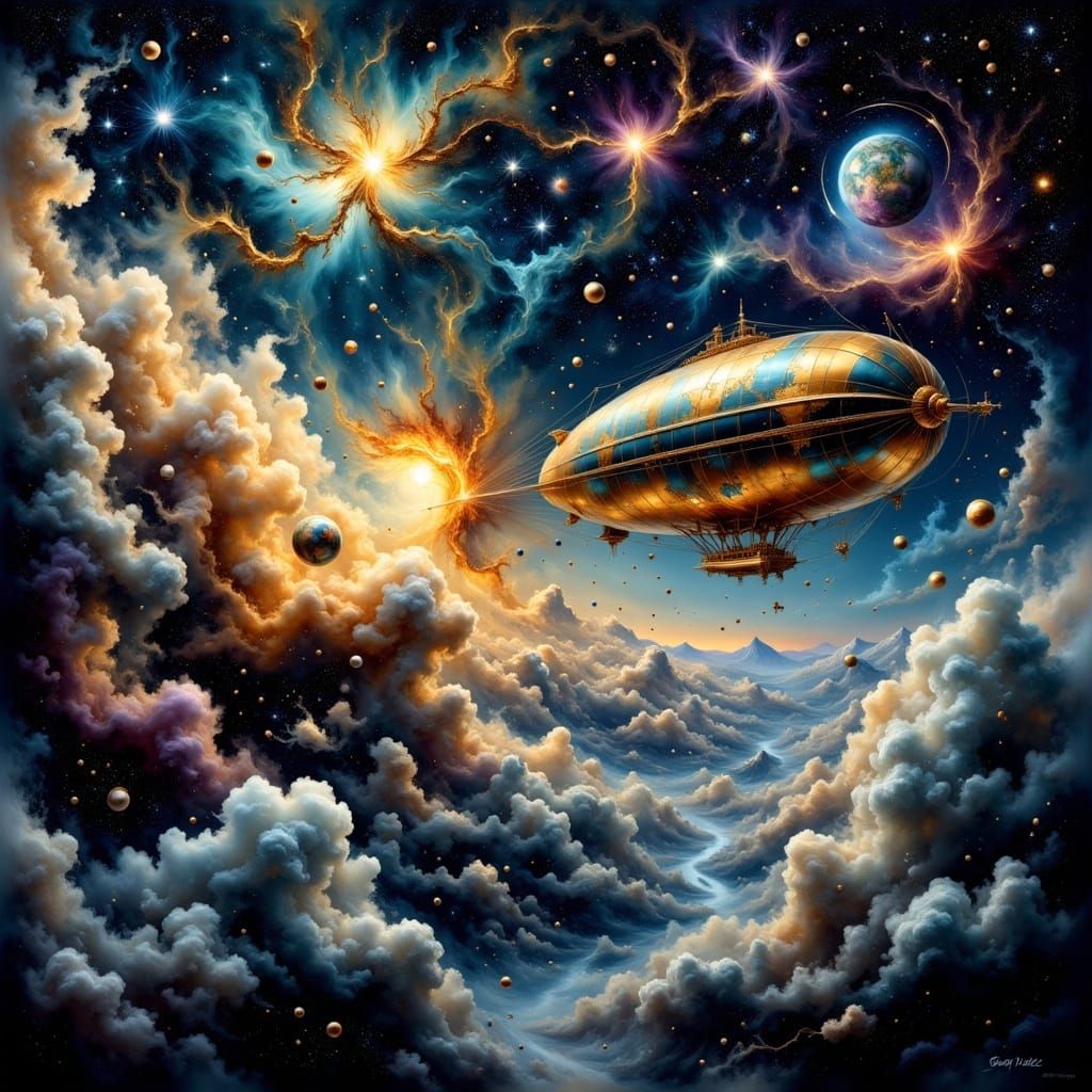 Victorian Zeppelin Navigates Nebulas in Cosmic Surrealism