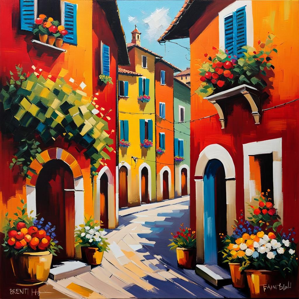 Vibrant Italian Village Scene in Textured Acrylic
