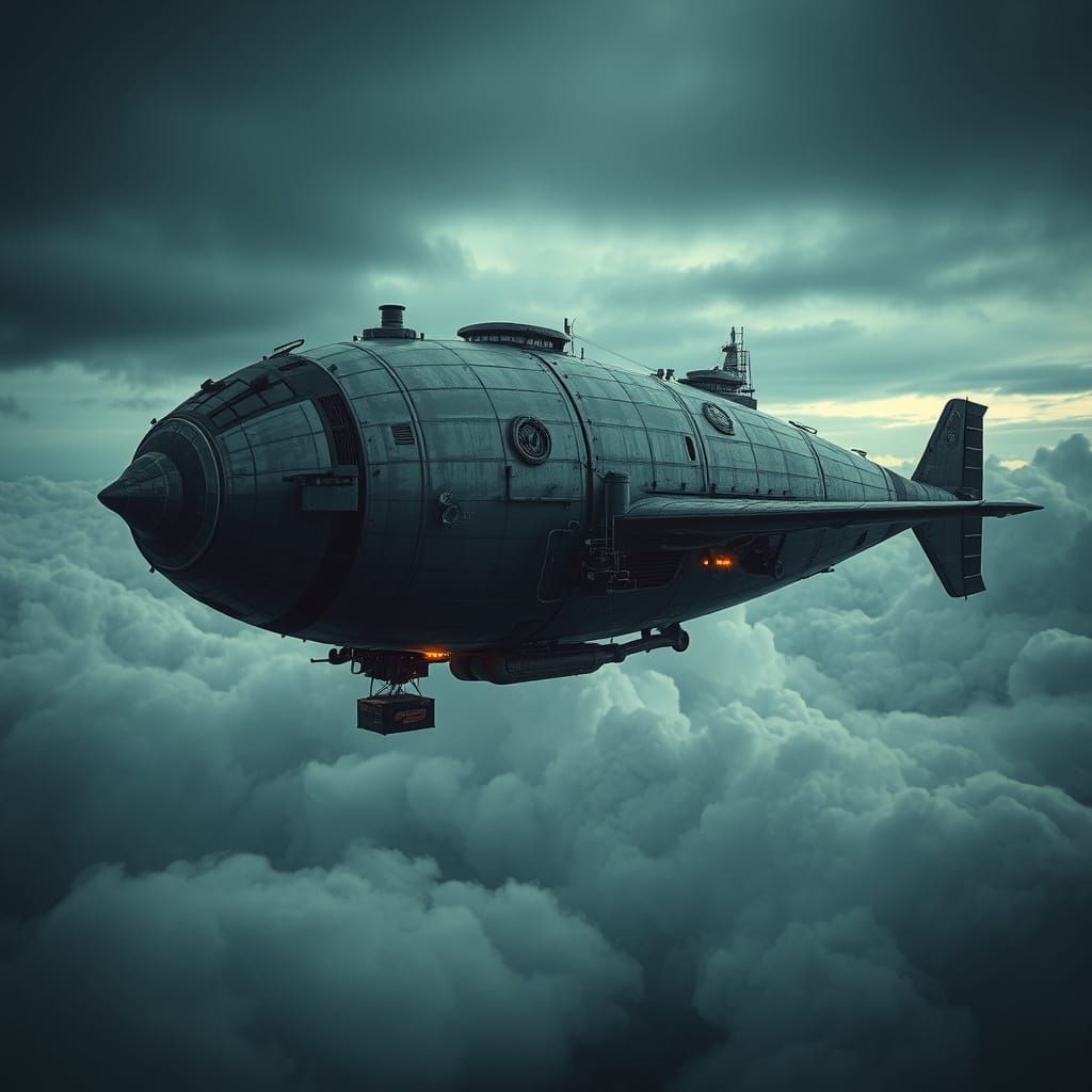 Epic Steampunk Airship Soars Through Dramatic Gray Skies