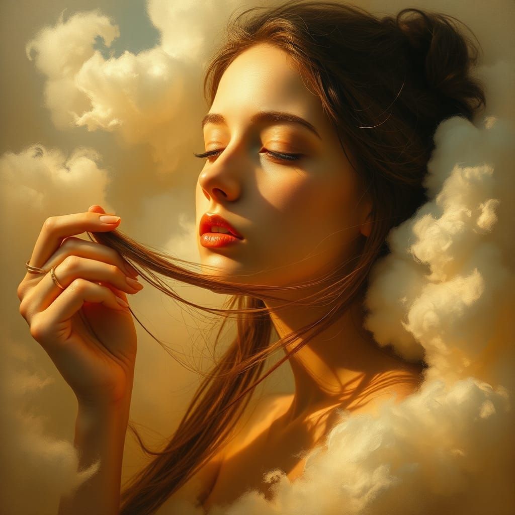 Ethereal Woman in Dreamlike Cloudscape