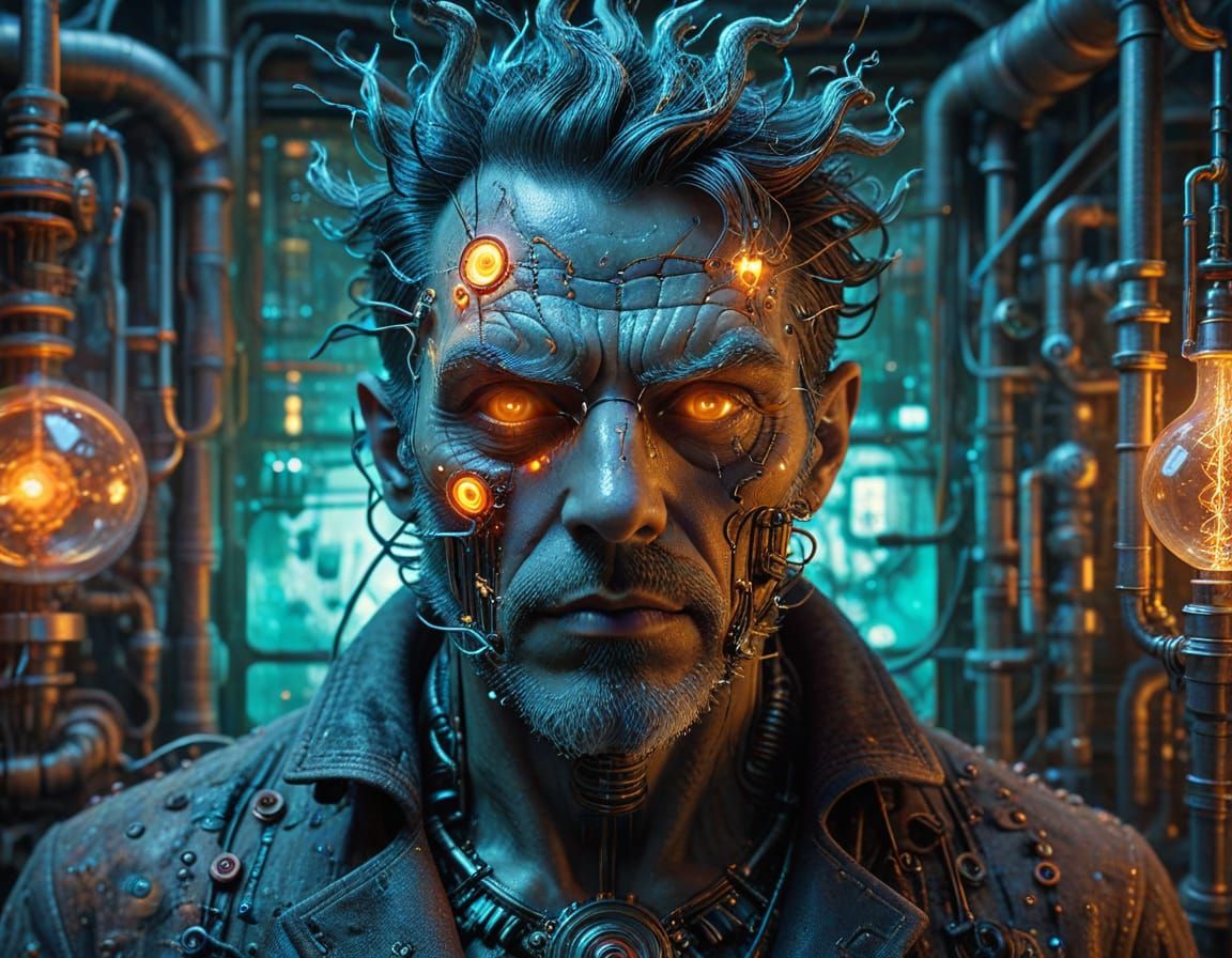 closeup mad scientist in his  laboratory circuitscape vapour...