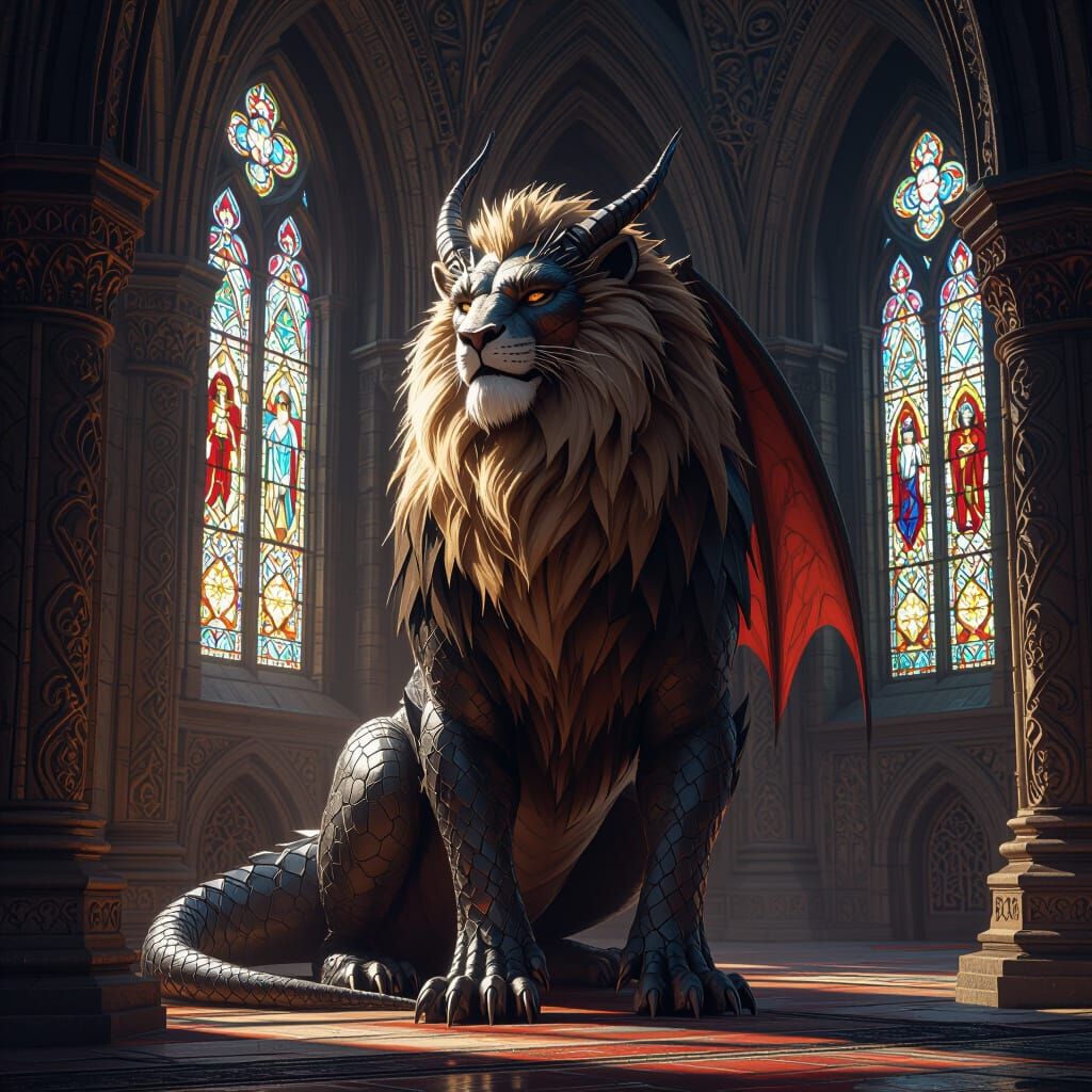 Majestic Dragon-Lion Hybrid in Ancient Castle