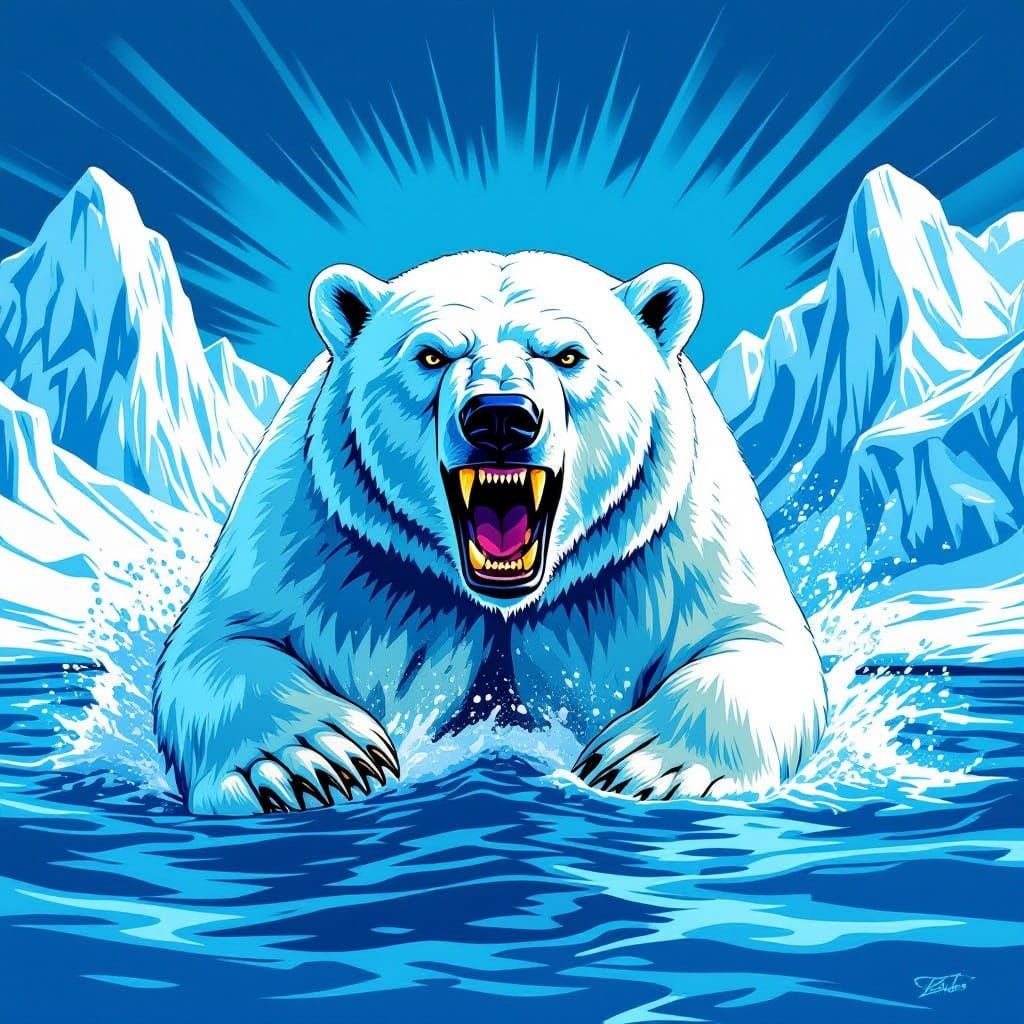 Fierce Polar Bear Emerges From Icy Water, Hyper-Realistic Po...